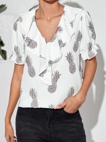Top con estampado de piña ribete con fruncido - Blanco - Ver 1