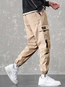 Manfinity Hypemode 男裝字母圖形翻蓋口貨物褲 - 卡其色 - 查看 2