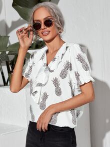 Top con estampado de piña ribete con fruncido - Blanco - Ver 4