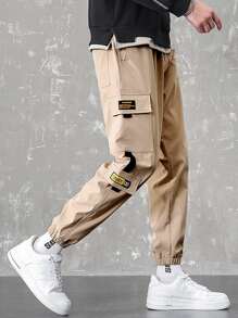 Manfinity Hypemode 男裝字母圖形翻蓋口貨物褲 - 卡其色 - 查看 4