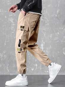 Manfinity Hypemode 男裝字母圖形翻蓋口貨物褲 - 卡其色 - 查看 5