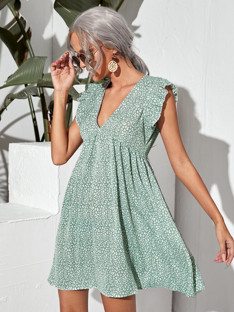 Allover Print Plunging Neck Ruffle Trim Dress - Mint Green - View 1