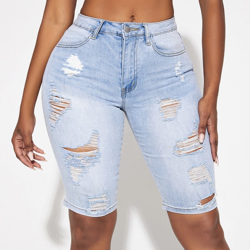 

Stone Wash Distressed Skinny Denim Shorts, Light wash