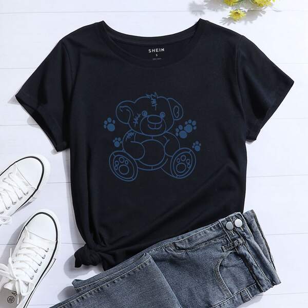 

Cartoon Bear Print Short Sleeve, Black
