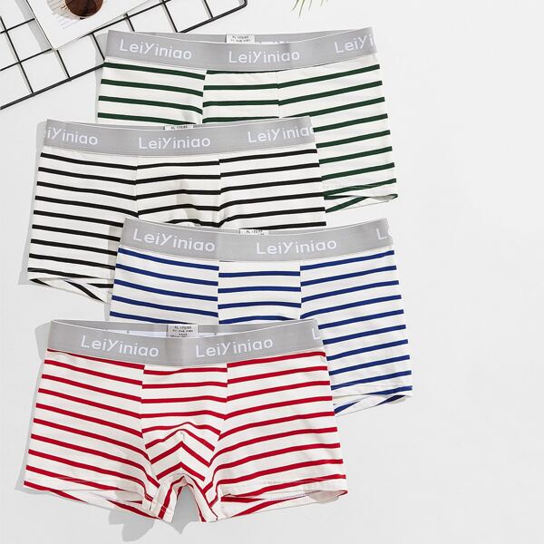 

Men 4pcs Letter Graphic Striped Boxer Brief, Multicolor
