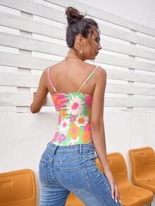 Floral Print Cut Out Cami Bodysuit - Multicolor - View 2