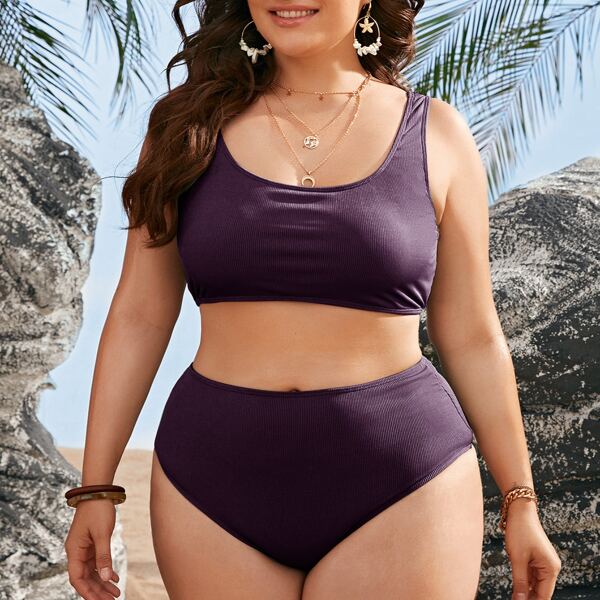 

Plus Solid Scoop Neck High Waisted Bikini Swimsuit, Purple