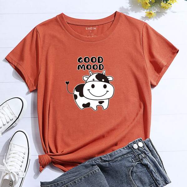 

Cow And Letter Graphic Print Short Sleeve Tee, Burnt orange