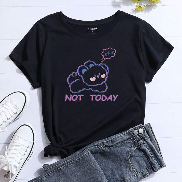 

Cartoon Rabbit And Letter Graphic Short Sleeve Tee, Black