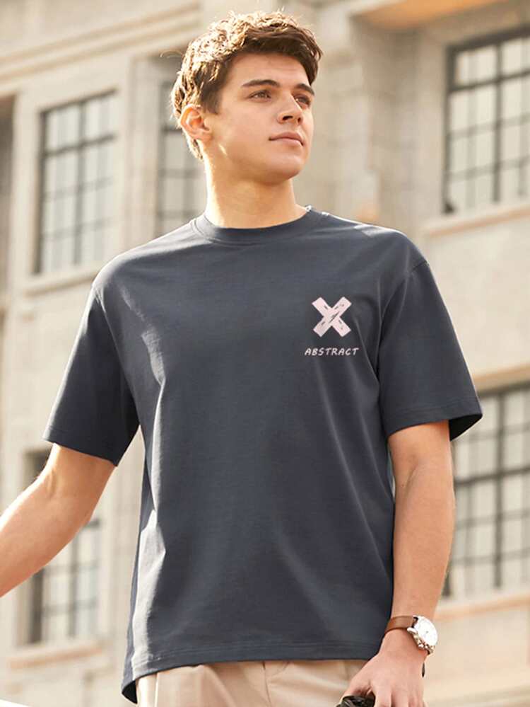 男士刷和標語圖案T恤 - 深灰色 - 查看 4
