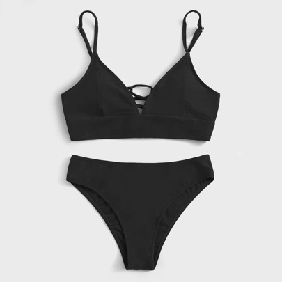 Solid Lace Up Bikini Swimsuit