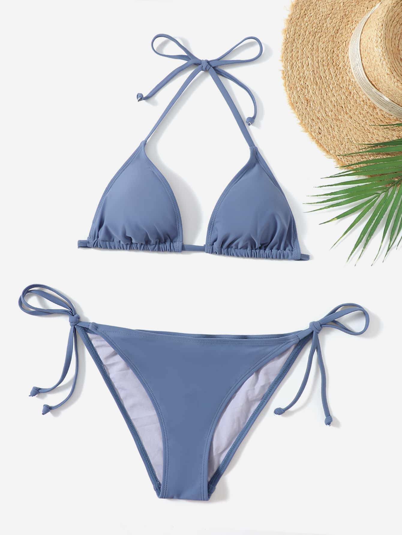 Summer Beach Mono Bikini Set Halter Triangle Bra & Tie Side Bottom 2 Pieces Bikini