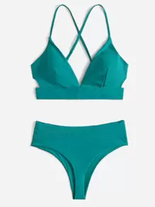 Criss Cross High Waisted Bikini - Dark Green - View 1