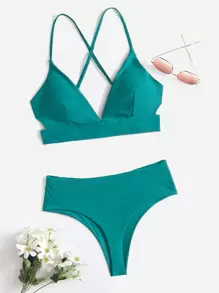 Criss Cross High Waisted Bikini - Dark Green - View 5
