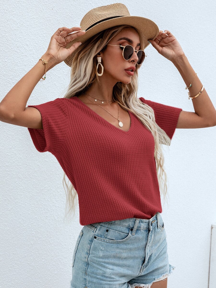 SHEIN LUNE Waffle Knit V Neck Solid Tee - Rose Red - View 1
