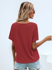 SHEIN LUNE Waffle Knit V Neck Solid Tee - Rose Red - View 2