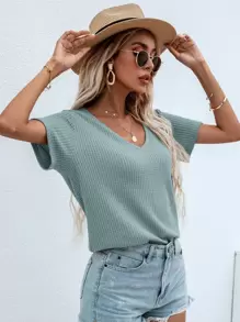 SHEIN LUNE Waffle Knit V Neck Solid Tee - Mint Blue - View 1