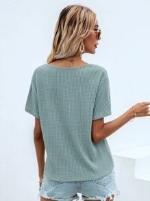 SHEIN LUNE Waffle Knit V Neck Solid Tee - Mint Blue - View 2