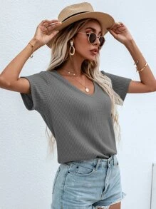 SHEIN LUNE Waffle Knit V Neck Solid Tee - Grey - View 1