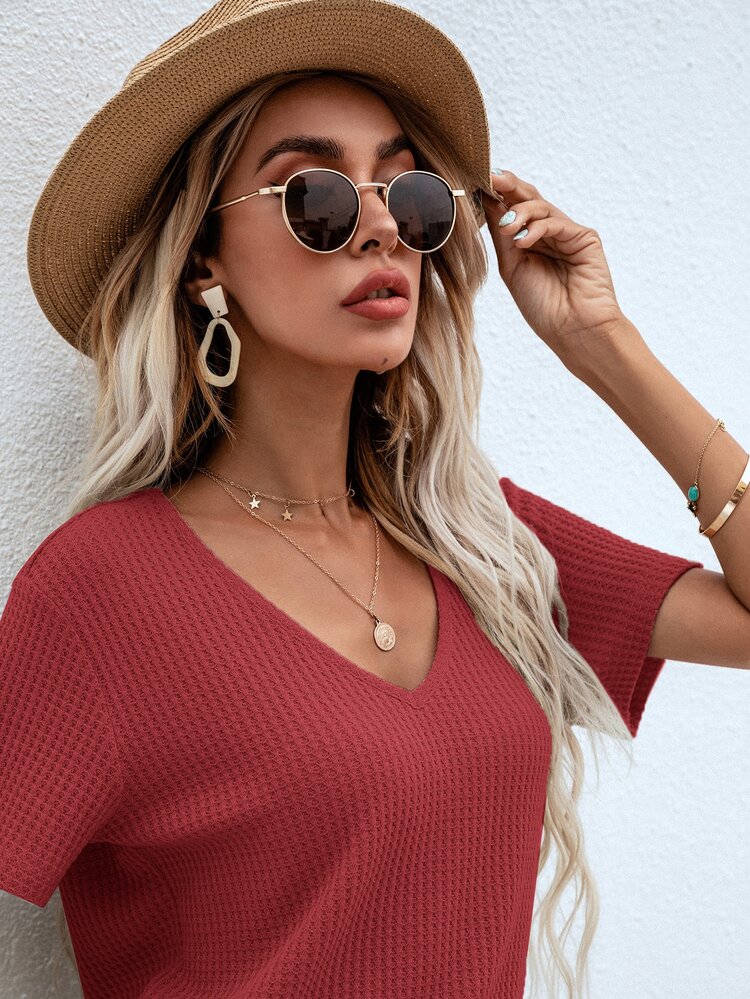 SHEIN LUNE Waffle Knit V Neck Solid Tee - Rose Red - View 4