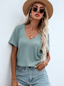 SHEIN LUNE Waffle Knit V Neck Solid Tee - Mint Blue - View 3
