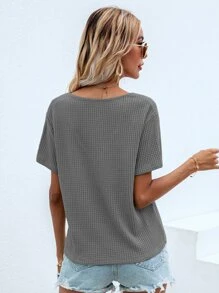 SHEIN LUNE Waffle Knit V Neck Solid Tee - Grey - View 2