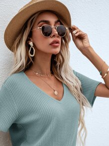 SHEIN LUNE Waffle Knit V Neck Solid Tee - Mint Blue - View 4