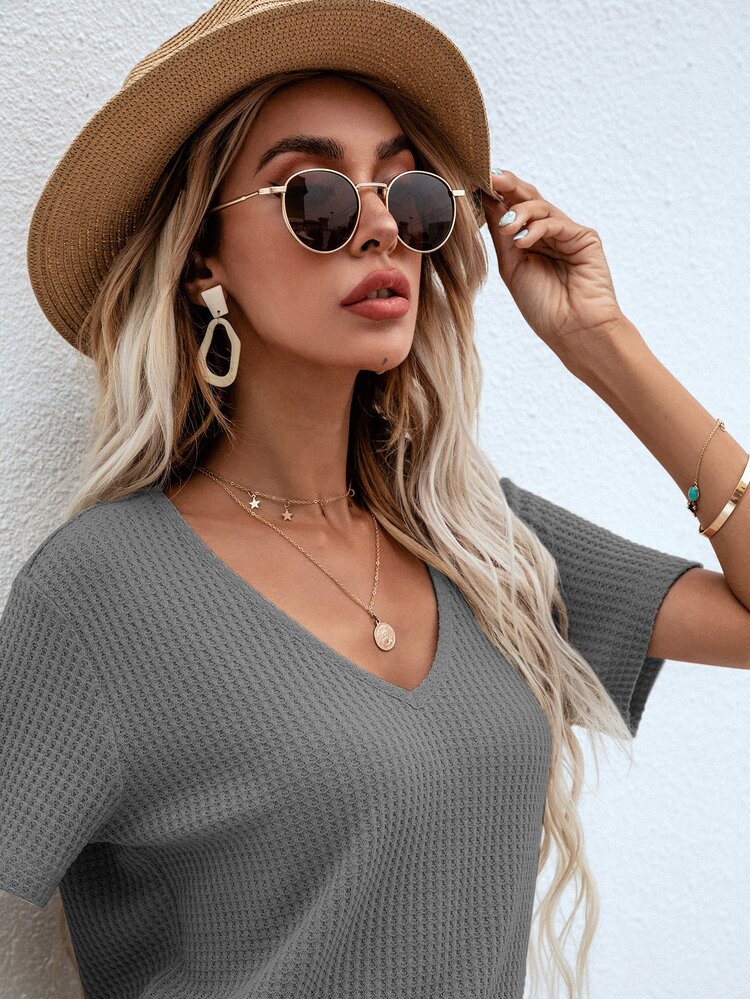 SHEIN LUNE Waffle Knit V Neck Solid Tee - Grey - View 3