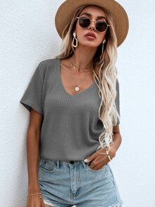 SHEIN LUNE Waffle Knit V Neck Solid Tee - Grey - View 4