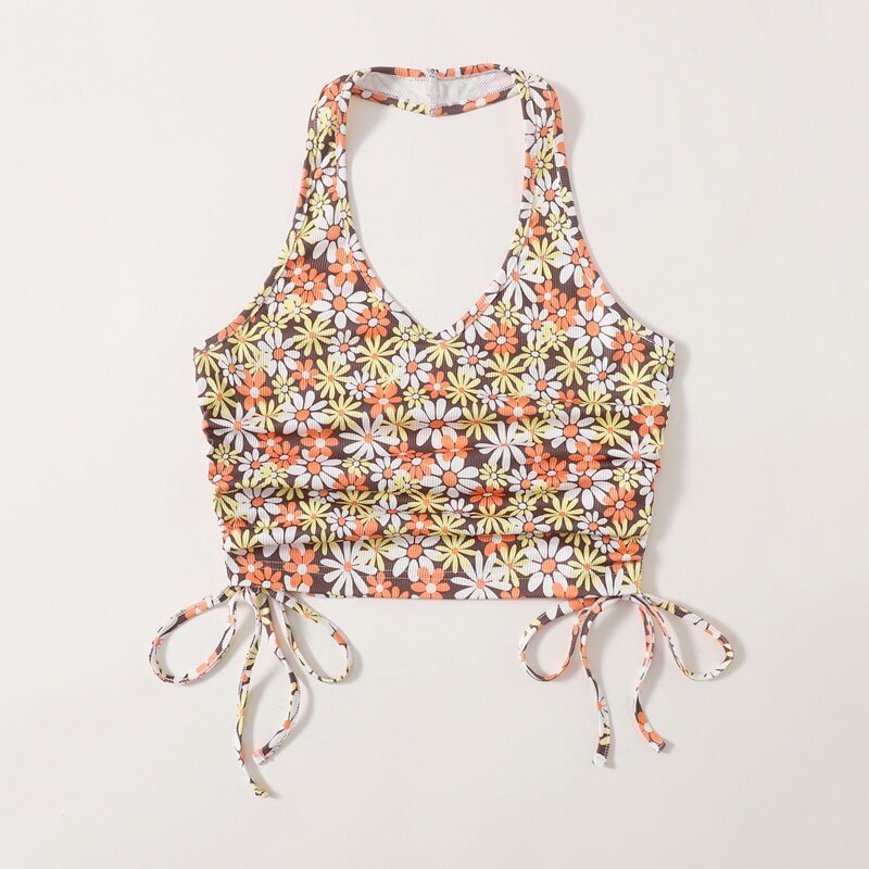 

Floral Graphic Drawstring Ruched Halter Top, Multicolor