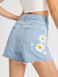 花卉刺繡牛仔短褲 - 淺色水洗藍 - 查看 1