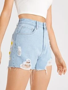 花卉刺繡牛仔短褲 - 淺色水洗藍 - 查看 3
