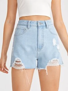 花卉刺繡牛仔短褲 - 淺色水洗藍 - 查看 4