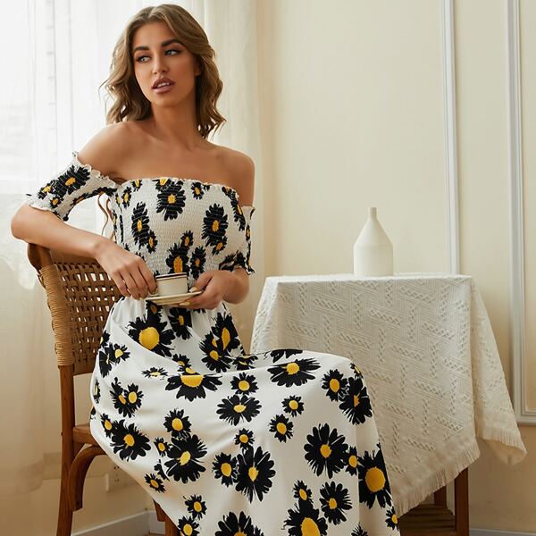 

Allover Floral Print Shirred Bardot Dress, Black and white