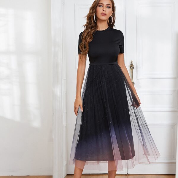 

Contrast Mesh Pleated Hem A-line Dress, Black