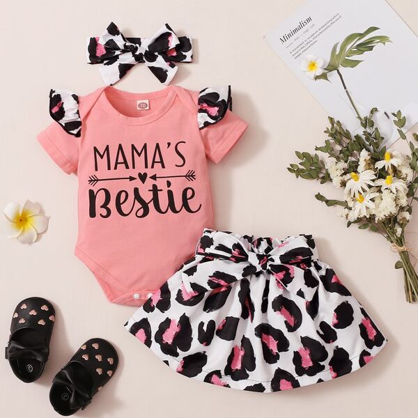 

Baby Girl Letter Graphic Ruffle Trim Bodysuit & Belted Skirt & Headband, Multicolor
