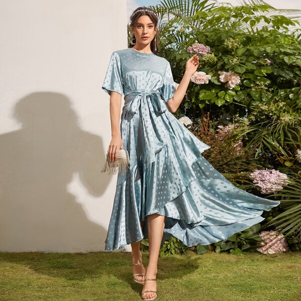 

1pc Asymmetrical Hem Self Belted Polka Dot Dress, Dusty blue