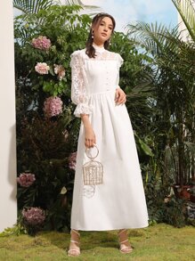 SHEIN Belle 蕾絲肩部荷葉袖洋裝