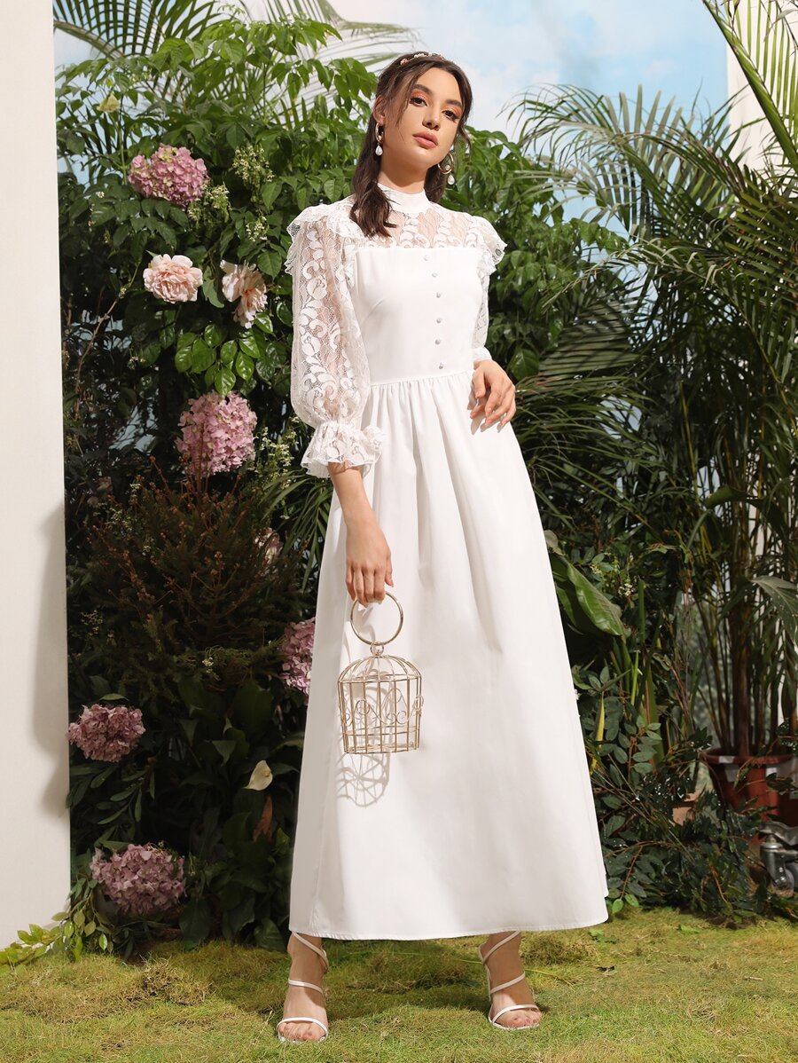 SHEIN Belle 蕾絲肩部荷葉袖洋裝