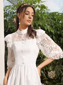 SHEIN Belle 蕾絲肩部荷葉袖洋裝