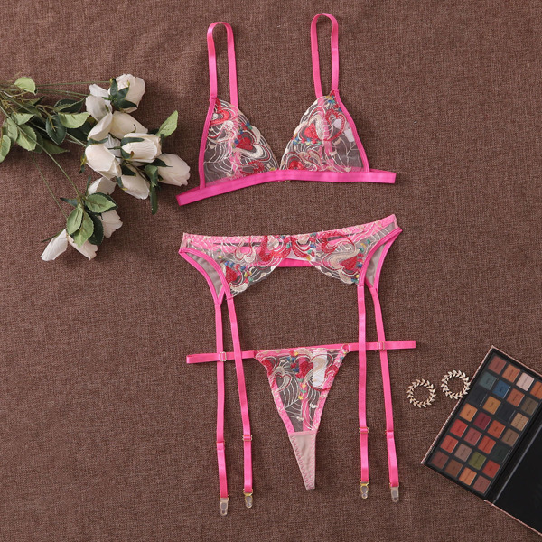 

Embroidered Mesh Garter Lingerie Set, Pink