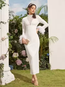 SHEIN Belle Contrast Lace Split Hem Prom Dress - White - View 1