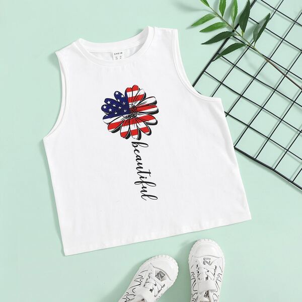 

Girls Letter & Floral Print Tank Top, White