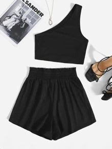 SHEIN Outfit de dos piezas Canalé Cintura con volante Liso Sexy