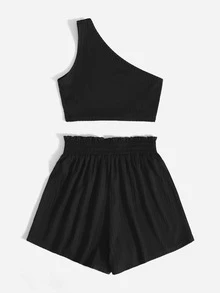 SHEIN Outfit de dos piezas Canalé Cintura con volante Liso Sexy