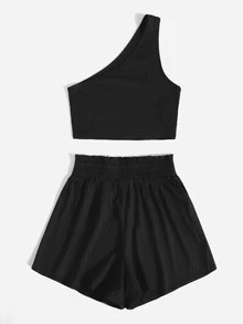 SHEIN Outfit de dos piezas Canalé Cintura con volante Liso Sexy