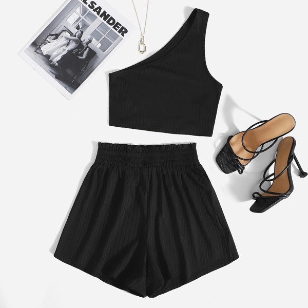 

One Shoulder Rib-knit Crop Top & Paperbag Waist Shorts Set, Black