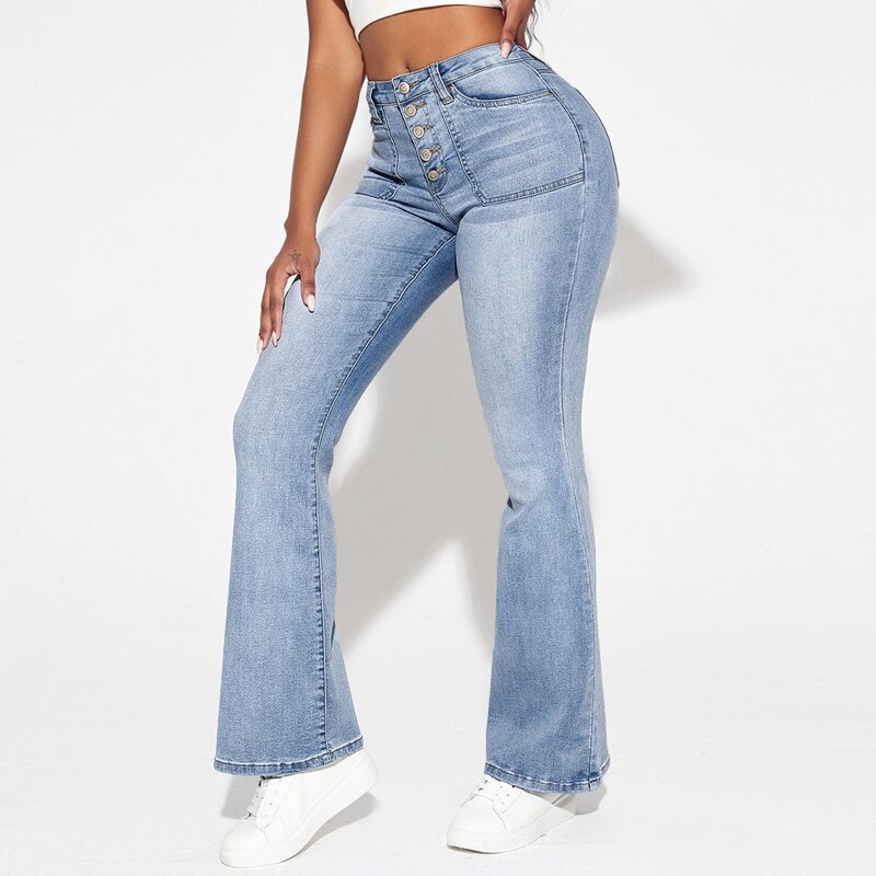 

Button Fly Flare Leg Jeans, Light wash