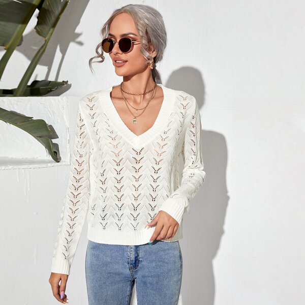 

Pointelle Knit V-Neck Sweater, White
