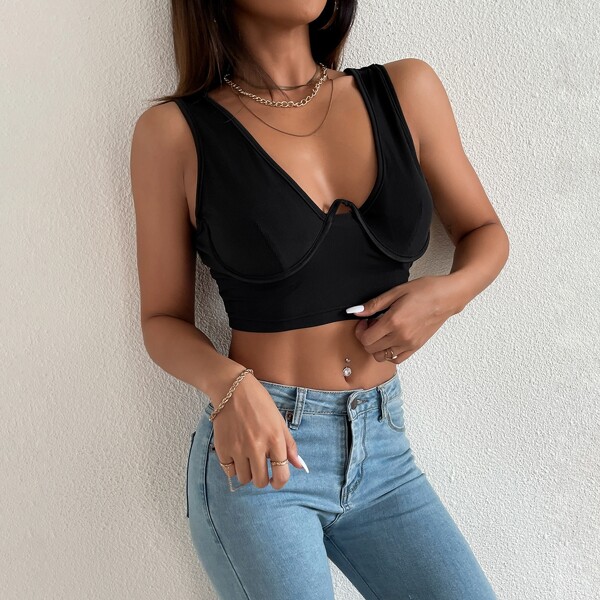 

Deep V Neck Topstitching Crop Tank Top, Black